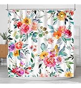 Lokigo White Watercolor Flowers Shower Curtain, Natural Colorful Floral Boho Shower Curtains for ...