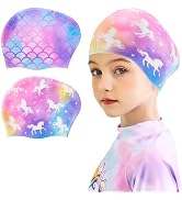 2 Pack Kids Swim Cap Durable Silicone Swim Caps for Boys Girls Toddler Waterproof Bathing Pool Sw...