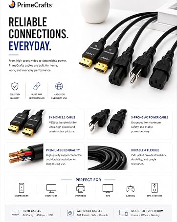 PrimeCrafts Premium HDMI and AC Power Cables for Reliable Home, Office, and Gaming Connectivity