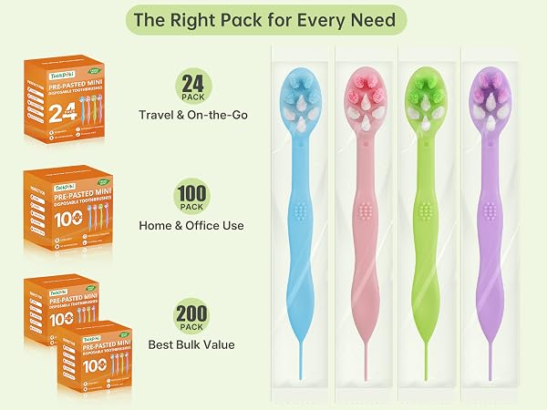 Tuckpoki pack options 24/100/200, individually wrapped pre-pasted mini toothbrushes for any need
