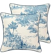 patdrea Designer Square Throw Pillow Covers Set of 2,Rustic Linen with Chinoiserie Blue Scenery P...