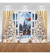 Mocsicka 10x8ft Christmas Window Backdrop - White and Gold Christmas Trees Night Snow Scene Xmas ...