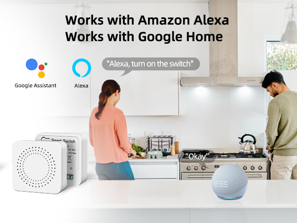 Smart home device demonstration showing Google Assistant and Alexa compatibility icons, with kitchen setting and smart speaker visible.