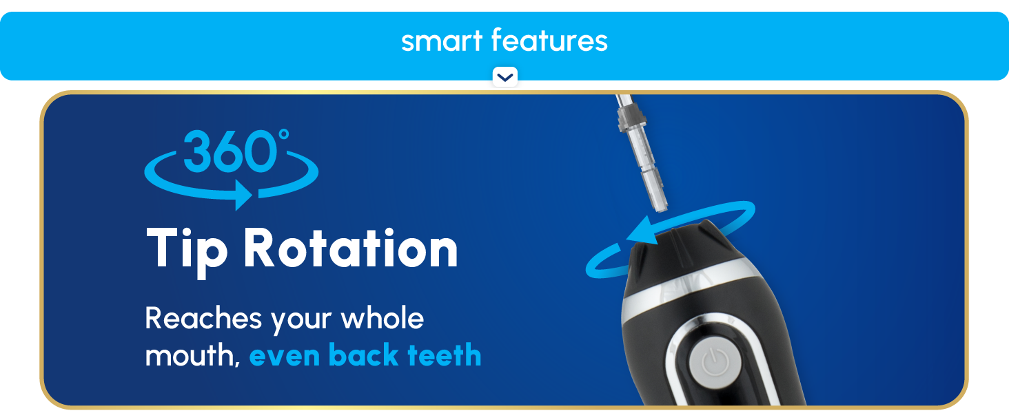Image of Waterpik tooth flosser tip with text reading three hundred sixty tip rotation.