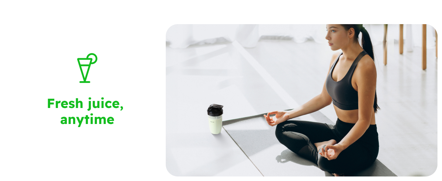 Woman exercises beside a portable Sangcon cup filled with a fresh green drink.