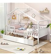 Giantex Twin House Bed with Drawers, Wooden Twin Bed Frame with Cube Storage & Fence Rails, Monte...