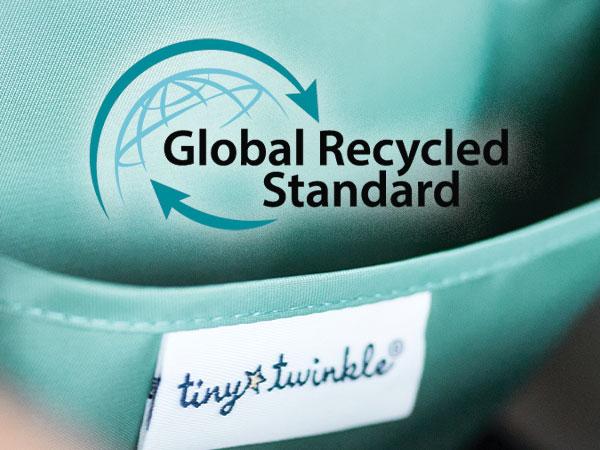 Tiny Twinkle Mess-proof bib fabric is recognized by the Global Recycled Standard