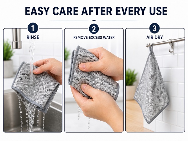 Three care steps for the cloth: rinse, press out water and air dry.