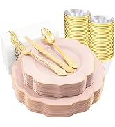 NOCCUR 175PCS Pink Plates with Gold Disposable Silverware - Include 50 Pink Plastic Plates,25 Kni...