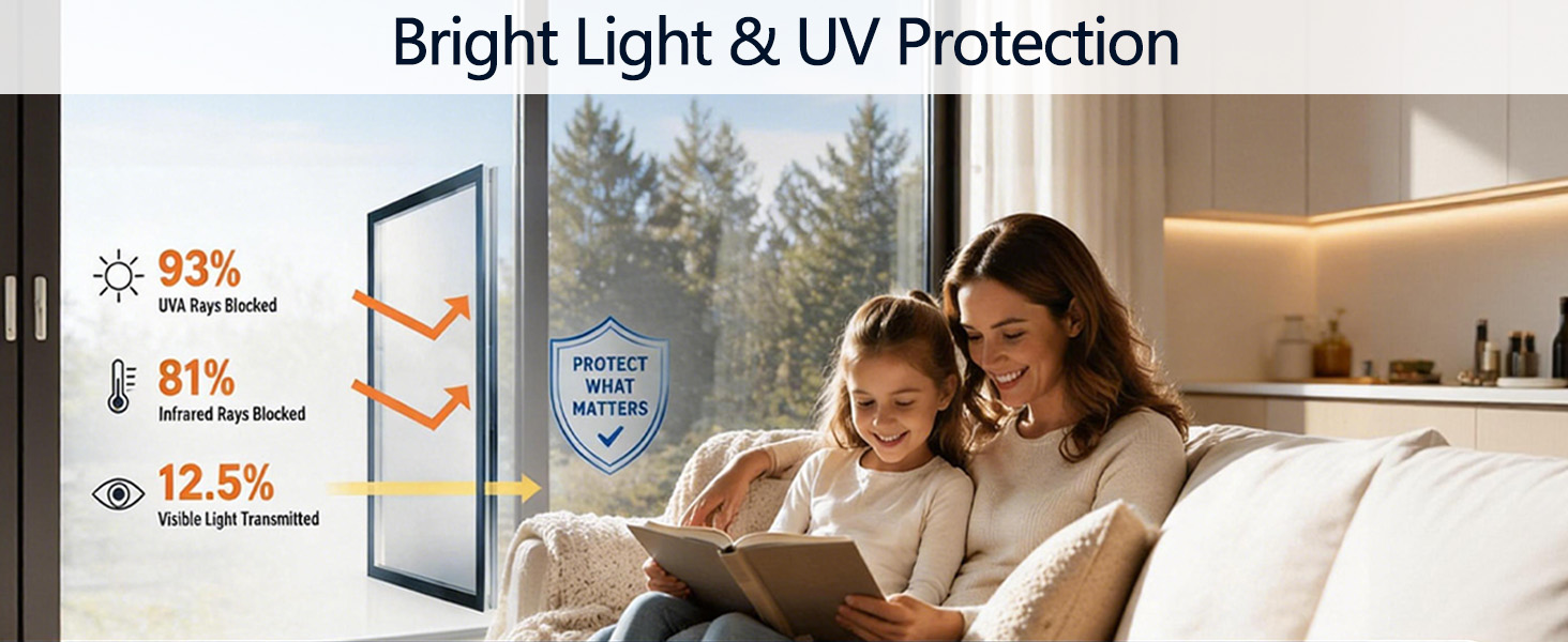 A family reading near a bright sun blocking window film glass window