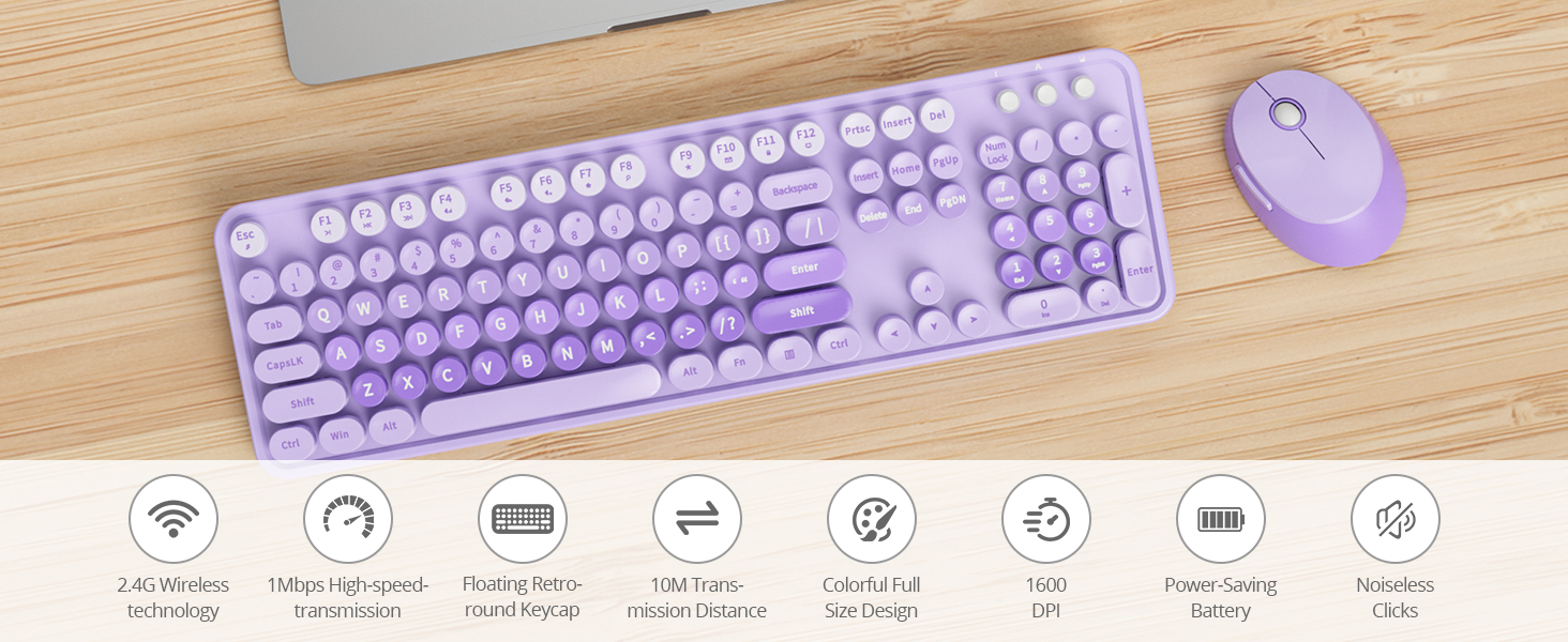 purple keyboard and mouse wireless cute colorful retro typewriter full size keyboard