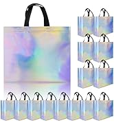 cabzymx Iridescent Glossy Gift Bags 15 pcs, 12.6x4.7x11 In Non-woven Reusable Goodie Bags Bulk, w...