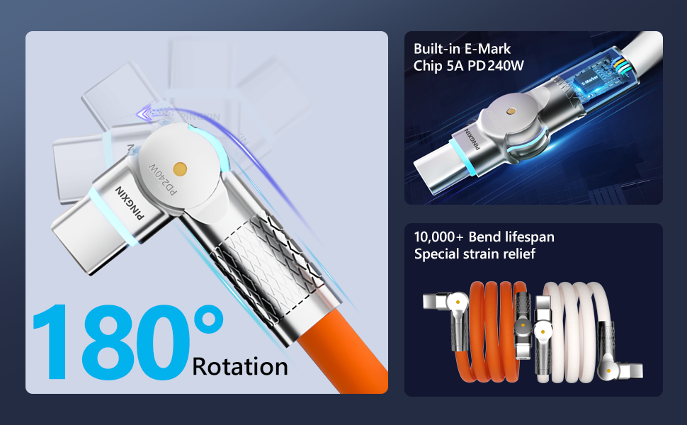 Innovative 180 degree double head rotation Design,usb c to usb c Cable
