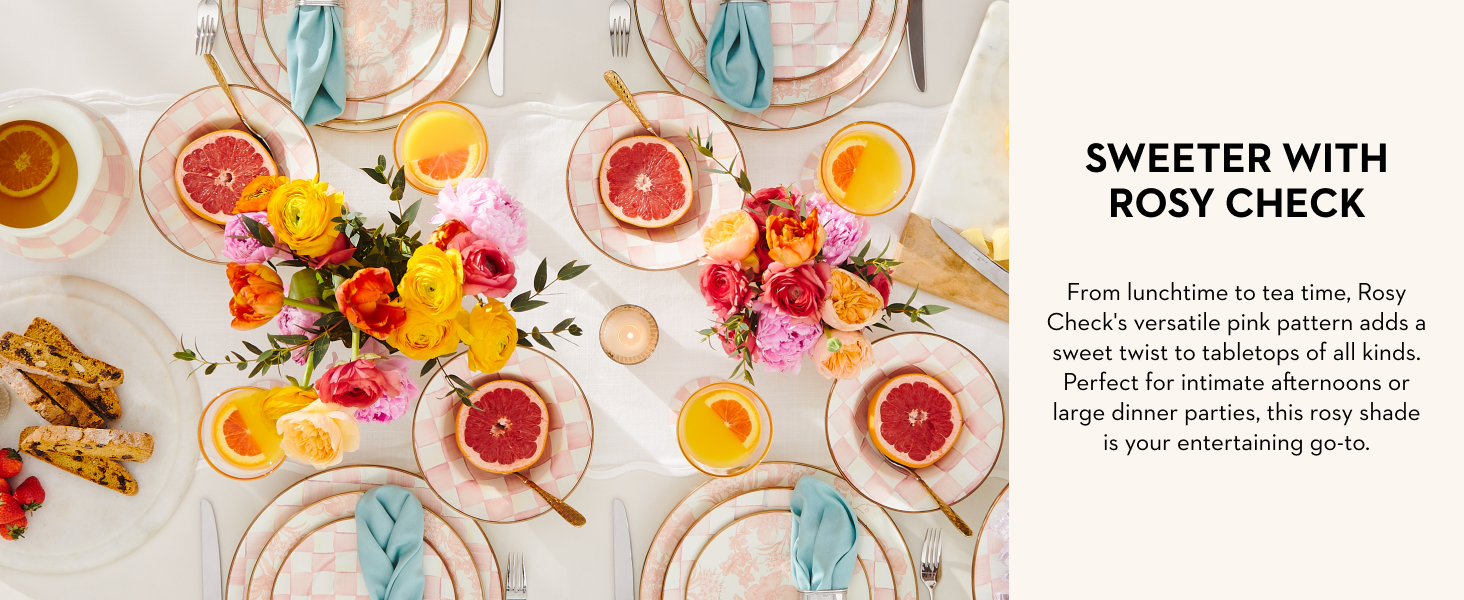 Rosy Check glasses and dinnerware for your perfect pink dinner.