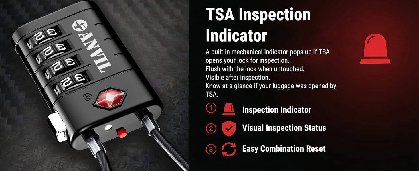 ANVIL TSA luggage lock with red inspection indicator shows if TSA opened your bag.