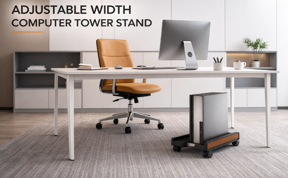 Adjustable CPU stand with locking casters for PC, improves airflow, reduces dust, fits most towers.