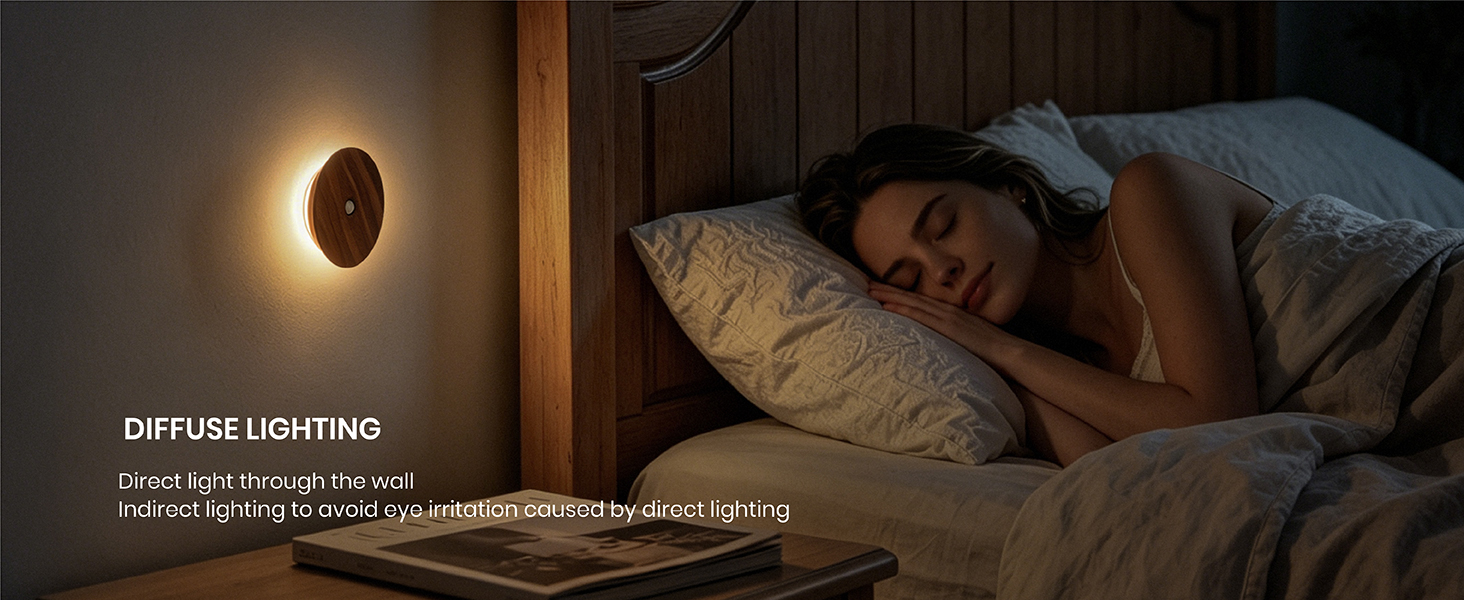 Cozy wooden night light with motion sensor softly lights bedside.