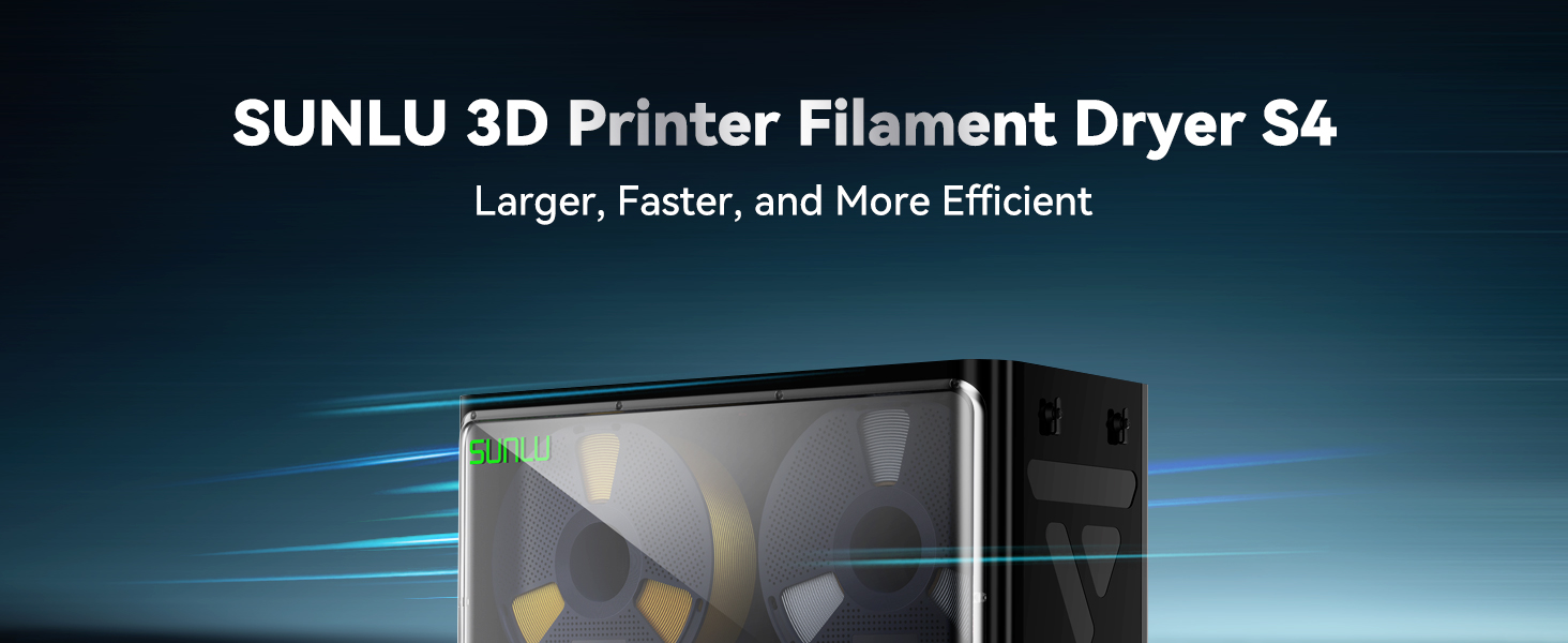 Text reads 'SUNLU 3D Printer Filament Dryer S4'. Product images showing a black electronic device with display screen and control interface.