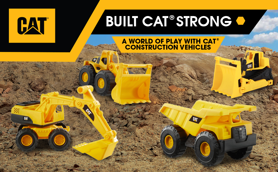 Four Cat Contruction toy vehicles including a bulldover, dump truck, excavator, and wheel loader