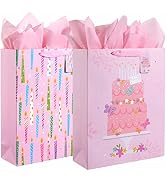 SUNCOLOR Extra Large Birthday Gift Bags with Pink Tissue Paper, Cake and Candles Design, Ribbon H...