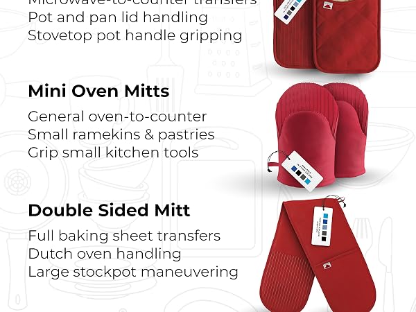 Choose your mitts from mini sized, standard sized, double sided mitt, or pot holders!