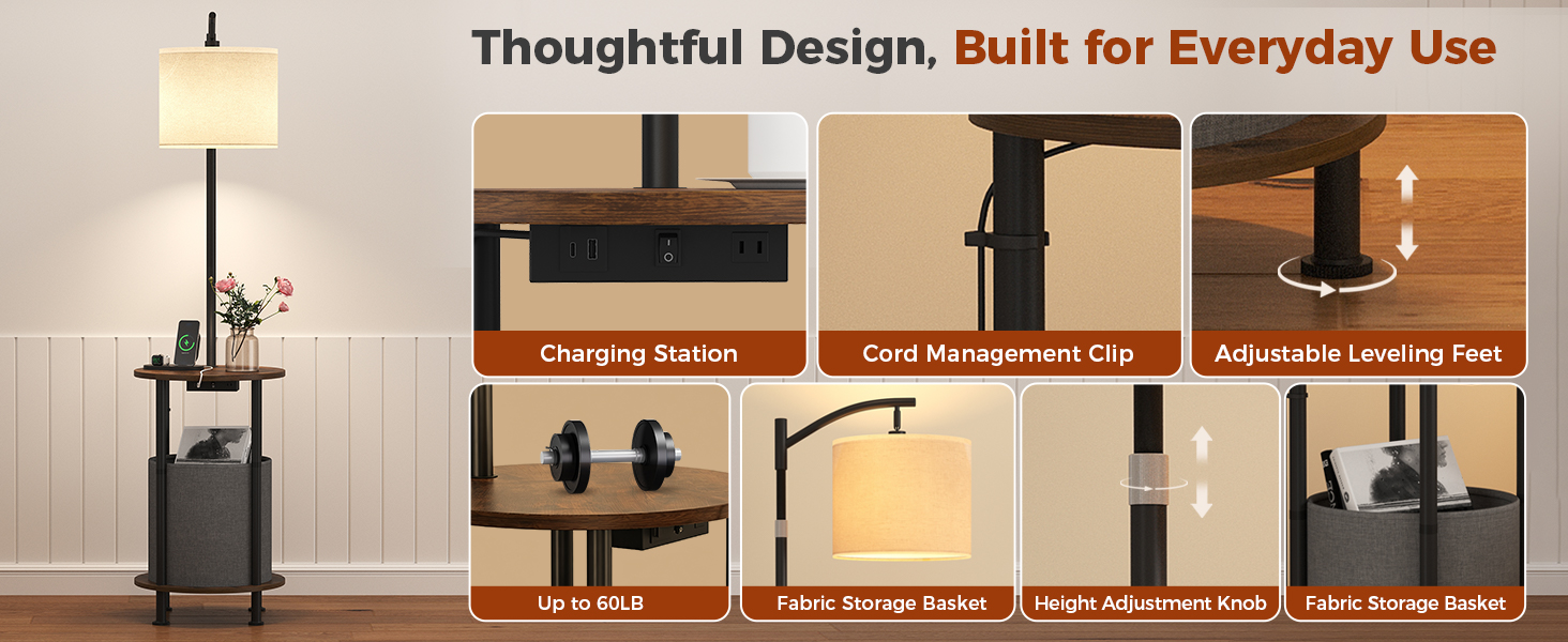 Floor lamp with a built-in charging station, side table, storage basket, and sturdy tabletop.