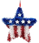 11inch Patriotic Tinsel Wreath 4th of July Red White Blue Garland Artificial American Flag Star &...