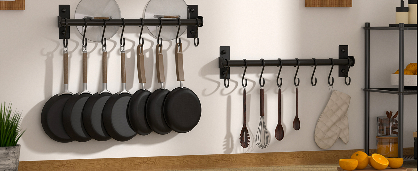 Dseap Kitchen Utensil Holder Hanger, Pot and Pan Rack wall mounted with 8 Hooks