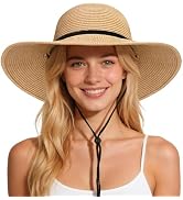 Senker Fashion Sun Hats for Women, Wind Lanyard Wide Brim Straw Hat for Summer Beach Garden Vacat...