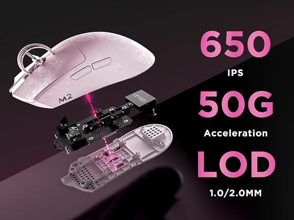 Text reads '650 mts, 50G Acceleration, LOD 1.0/2.0MM'. Pink gaming mouse shown from multiple angles displaying wireless design with technical specifications listed.