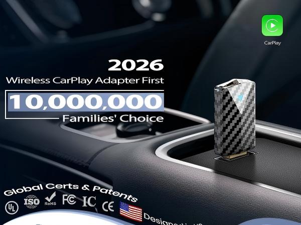 Wireless CarPlay adapter plugged into car console with carbon fiber design and CarPlay icon