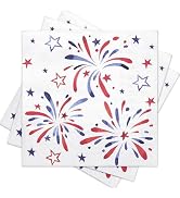 RUSPEPA 50 Pcs Patriotic Napkin Paper, 3 Ply Disposable Red Blue Firework Deisgn Cocktail Dinner ...