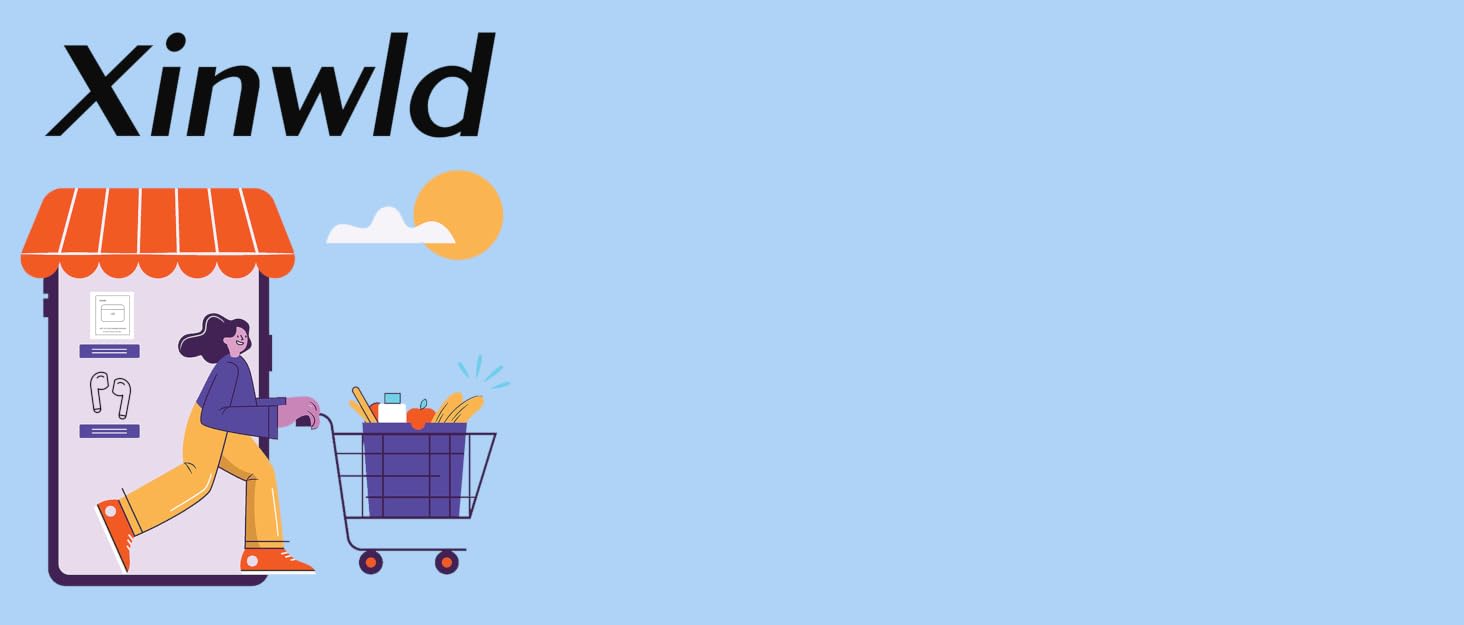 Illustration of a store with orange roof and person pushing a shopping cart. Text 'Xinwld' visible at the top.