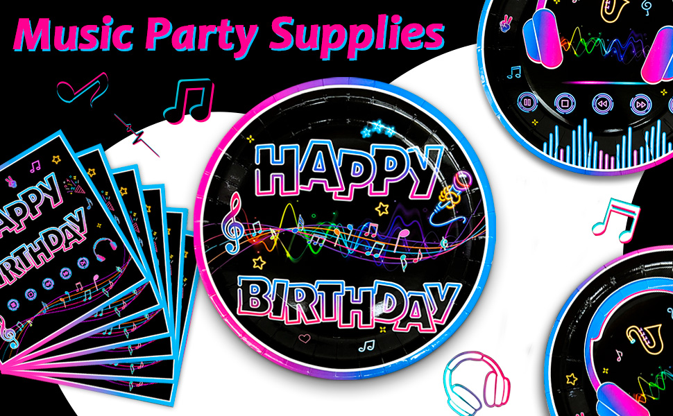 Neon-styled music party supplies featuring black plates and napkins with bright pink and blue musical notes and 'Happy Birthday' text.