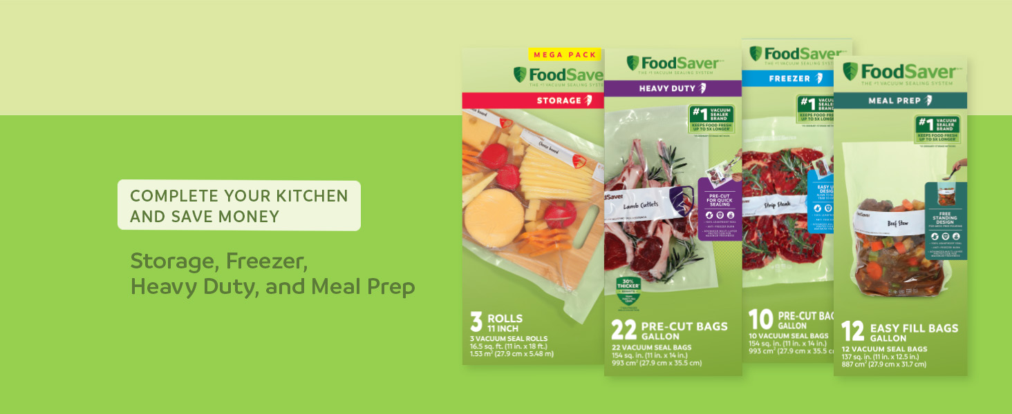 Three packaging images of FoodSaver vacuum seal bags