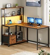 HOOBRO L Shaped Gaming Desk, 46 Inch Reversible Computer Desk with LED Light & Power Outlet, Offi...