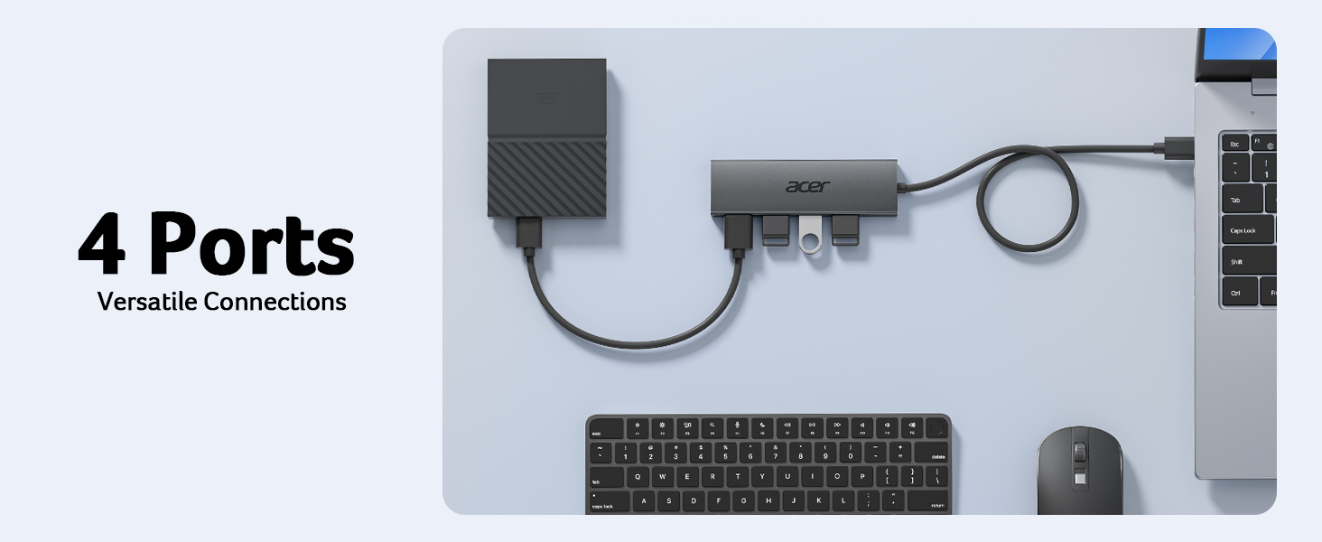Computer accessory set featuring a USB hub with 4 ports, keyboard, mouse, and cable. Text '4 Ports' visible, indicating expandable connectivity options.