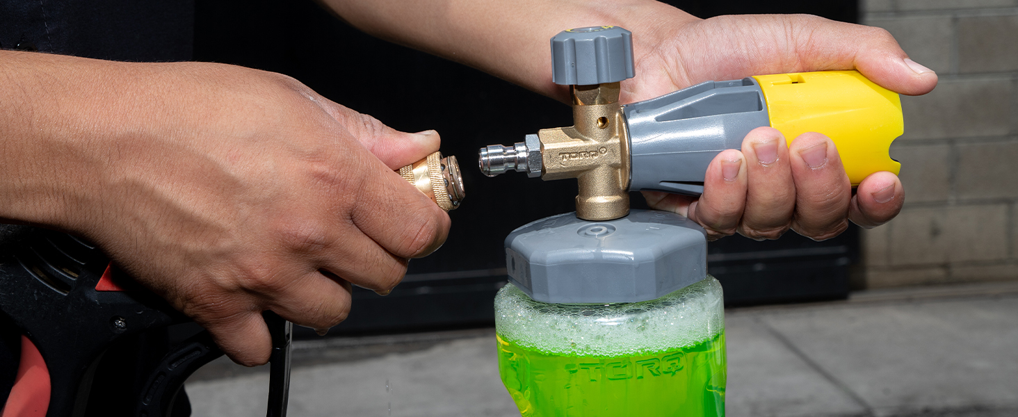 Car wash foam cannon spraying thick soap for trucks, SUVs, and motorcycles