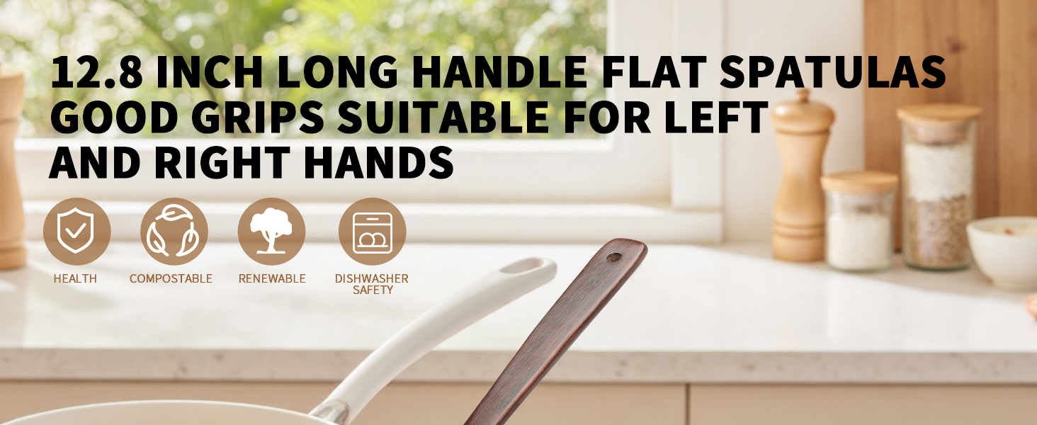 Wooden Spatula Nonstick Turner Acacia Wood, Right Long Handle Flat Frying Spatulas