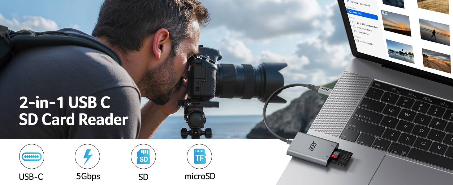 2-in-1 USB-C SD card reader device shown connected to laptop. Features USB-C connector, SD and microSD card slots. Photographer using camera in background.