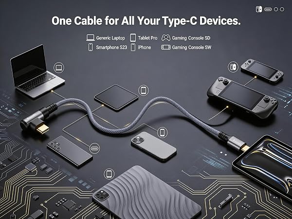 60W Fast Charging Right Angle cable, iPhone 15/16, Samsung Galaxy S24, iPad Pro, Steam Deck.