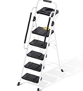 Folding step ladder with 5 steps and a handrail, white metal frame construction, for household use.