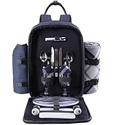 ALLCAMP OUTDOOR GEAR Picnic Backpack for 2 Person Set W/Detachable Bottle/Wine Holder, Fleece Bla...