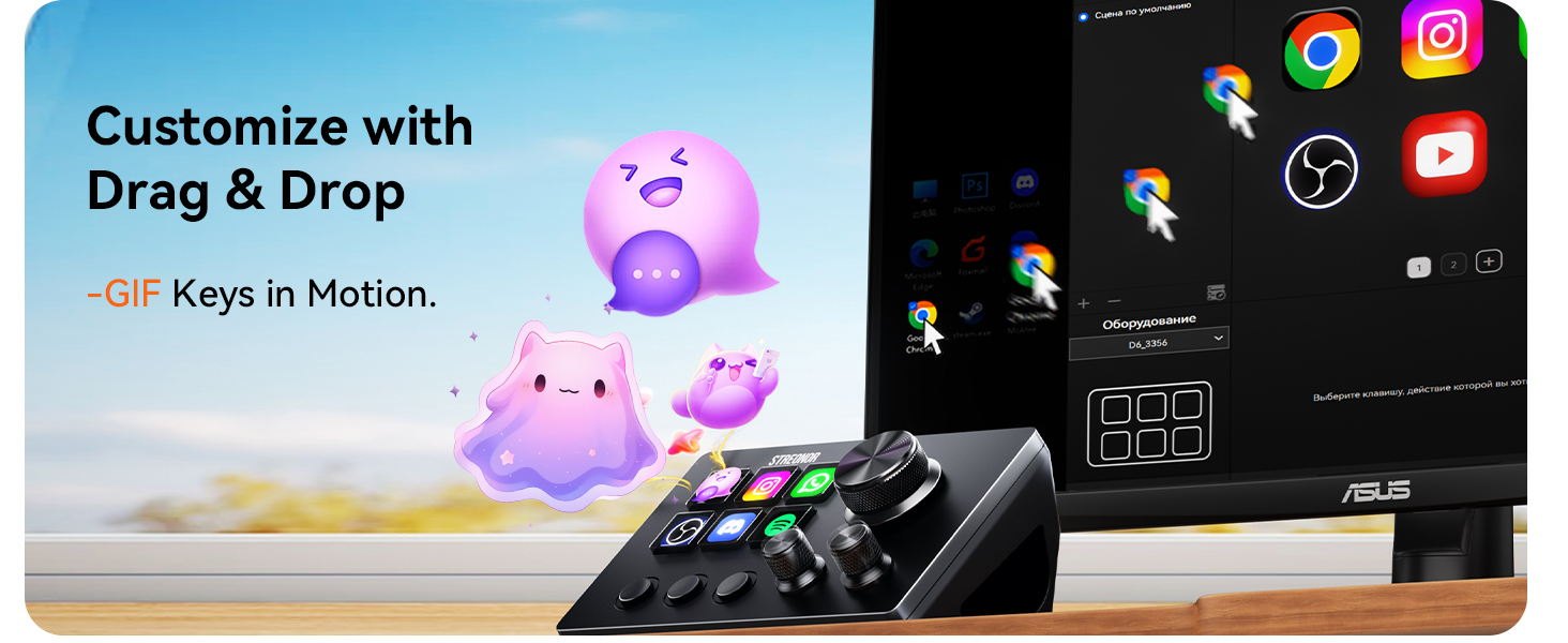 Text reads 'Customize with Drag & Drop' and 'Keys in Motion.' Split view shows pink toy figure and black app interface with colorful icons on dark background.