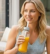 Zukro Glass Water Bottles with Lids & Straw 16 oz, 8 Pack Reusable Juice Bottles With Stainless S...