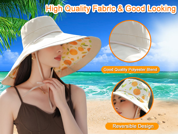 Super Brim Women Sun Hat reversible fruit pattern good polyester blend Beach Bucket Fishing Hats