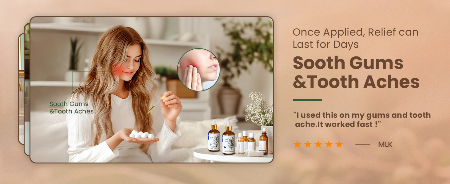 Text reads: 'Sooth Gums & Tooth Aches', 'Once Applied, Relief can Last for Days'. Product advertisement featuring natural-looking dental care packaging.