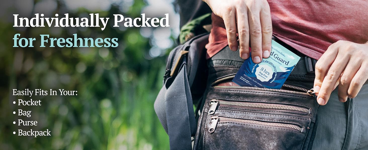 Person placing a Wild Guard Mosquito Repellent Wipe packet into a backpack pocket outdoors.