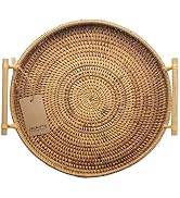 DECRAFTS Rattan Round Serving Tray Wicker Woven Bread Basket with Handles for Cracker Dinner Part...