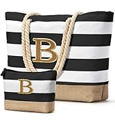 Becokan Beach Bag Initial Beach Tote with Makeup Bag for Travel Work Storage Personalized Birthda...